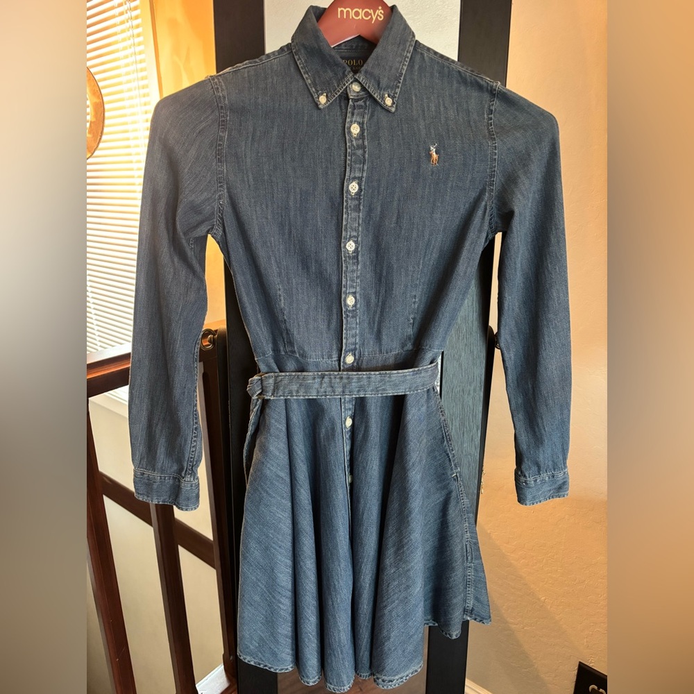 Ralph Lauren Girls' Indigo Denim Shirt Dress with Self Tie Waist